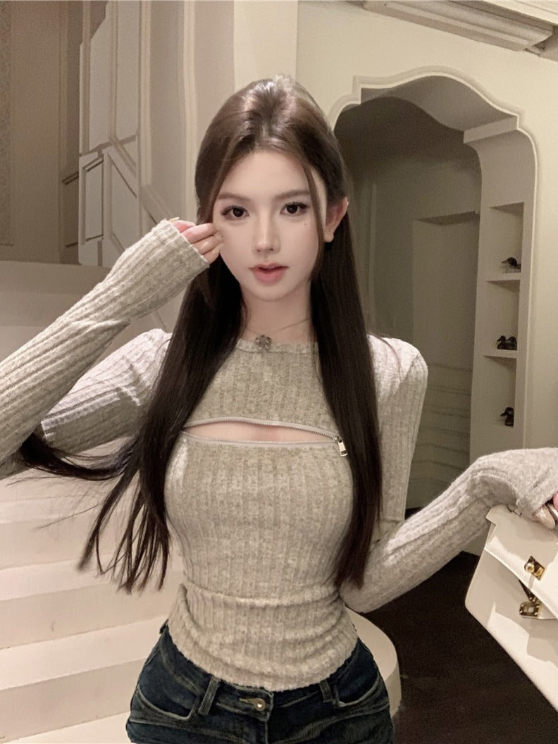💕氣質柔軟可拉拉鍊圓領針織長袖打底衫