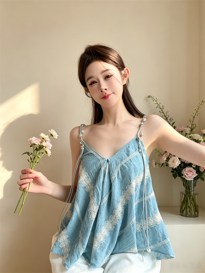 💕無袖背心寬鬆藍色不規則V領上衣