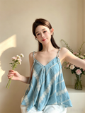 💕無袖背心寬鬆藍色不規則V領上衣
