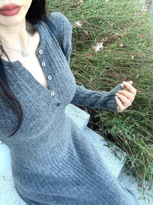 💕入秋半開領法式針織打底長裙