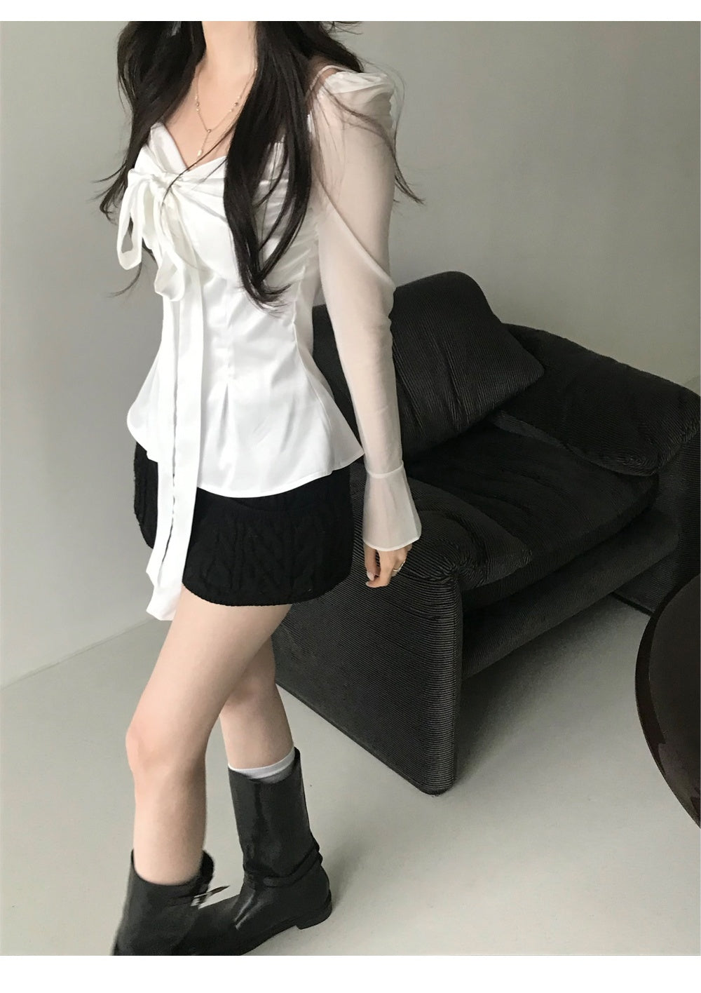 💕法式方領蝴蝶結飄帶氣質收腰顯瘦上衣