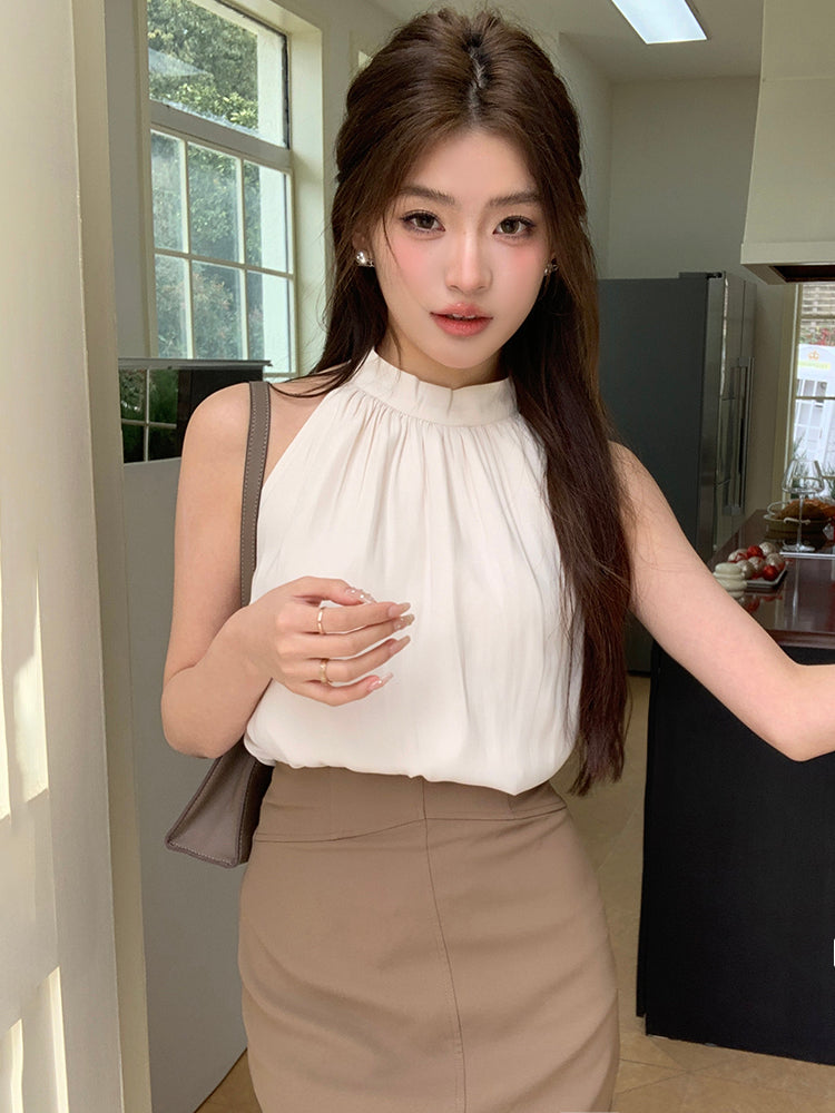 💕夏季溫柔掛脖無袖露肩吊帶背心上衣