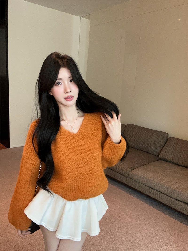 💕慵懶風V領長袖寬鬆毛衣鏤空衫