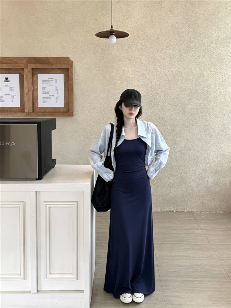 💕百搭休閒清透感藍色開衫連衣裙兩件套