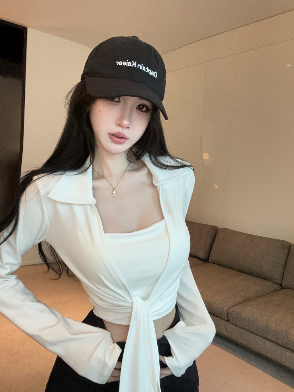 💕綁帶胸墊長袖翻領開衫吊帶兩件套