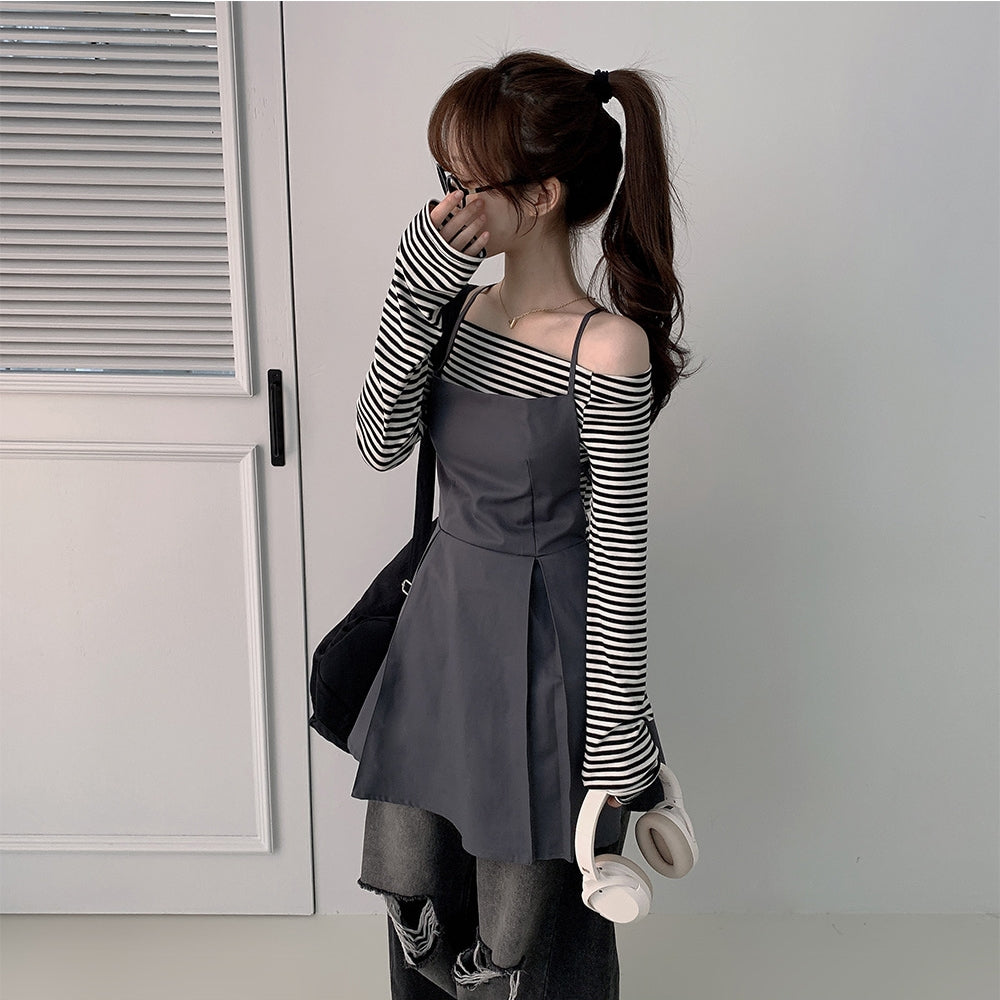 💕露背系帶收腰疊穿吊帶背心連衣裙