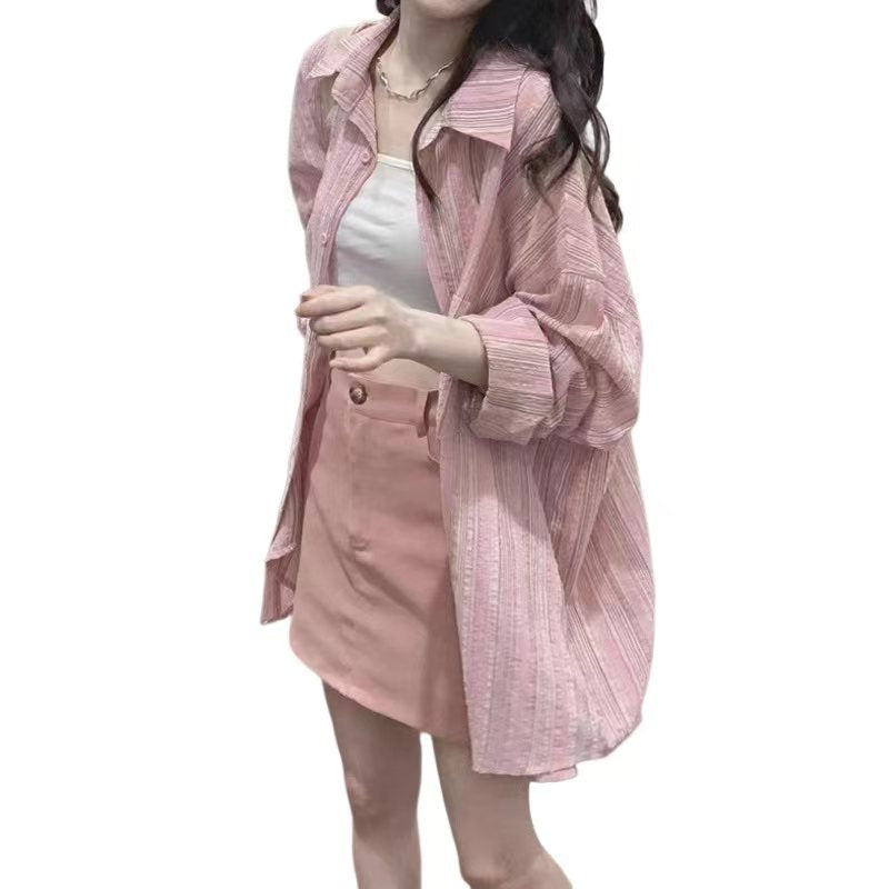 💕氣質溫柔細粉色條紋襯衫外套外搭