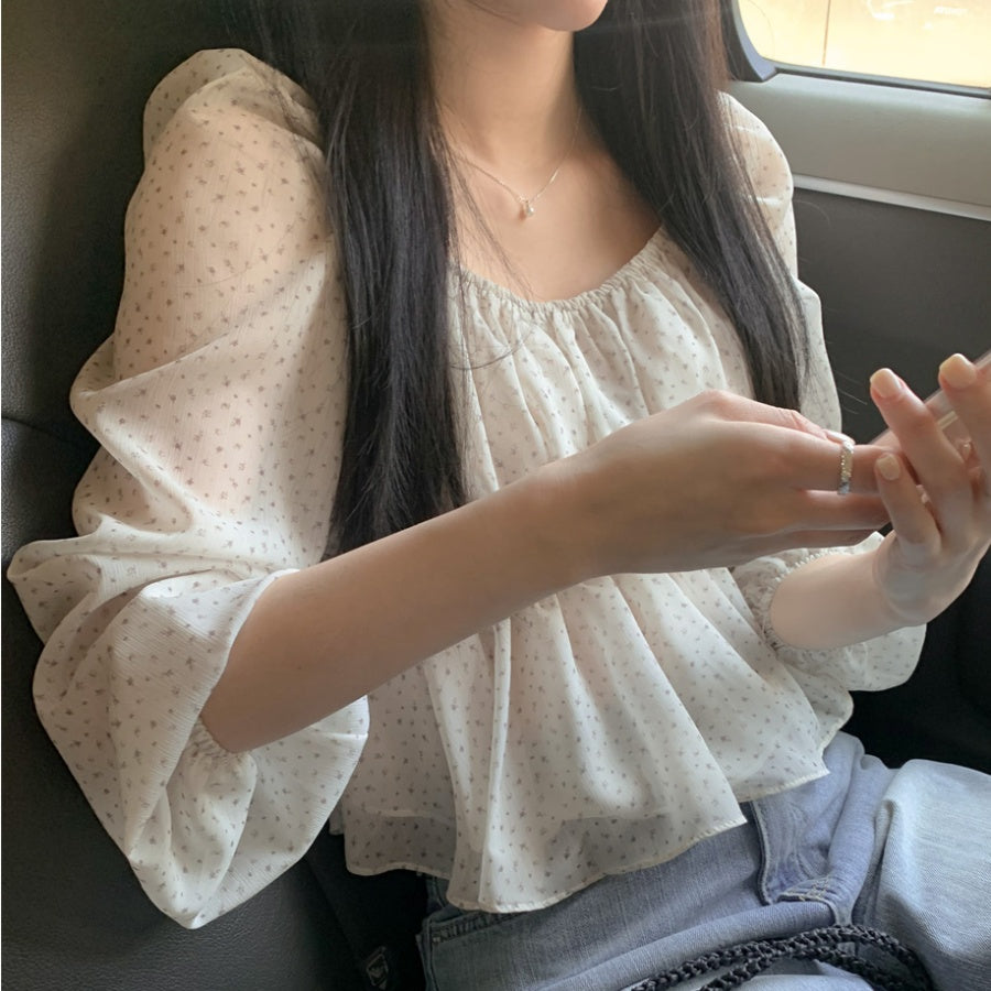 💕ins系法式方領碎花收腰泡泡袖雪紡上衣
