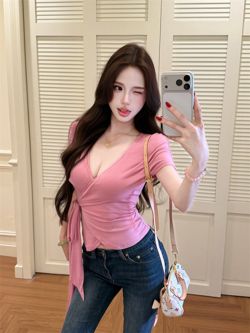 💕氣質優雅交叉V領綁帶T袖上衣