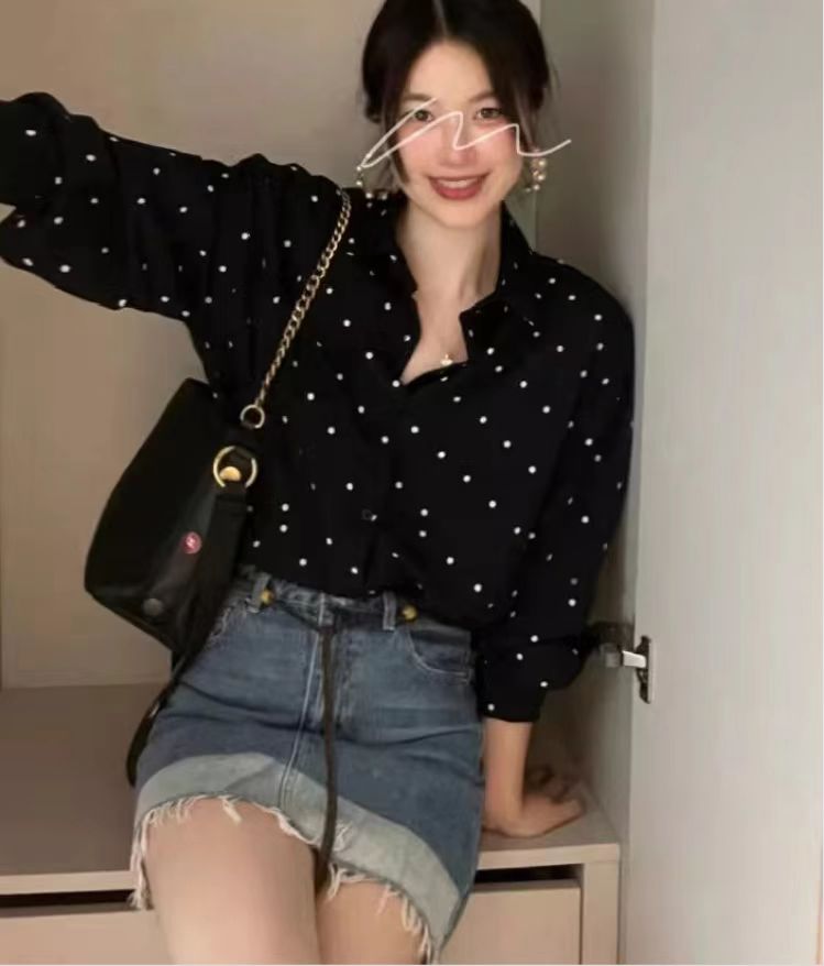 💕法式chic復古翻領撞色點點寬鬆襯衫