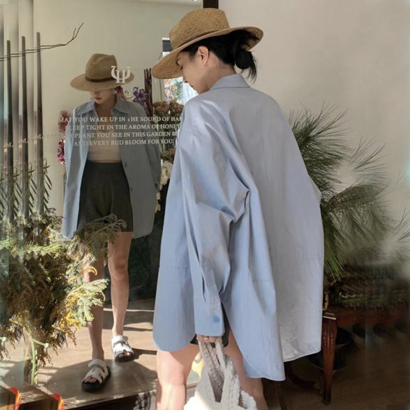 💕春夏藍色POLO領中長款休閒長袖襯衫