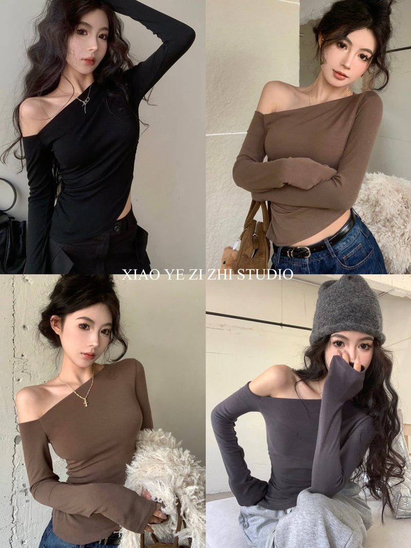 💕純欲性感不規則露肩黑色長袖斜肩上衣