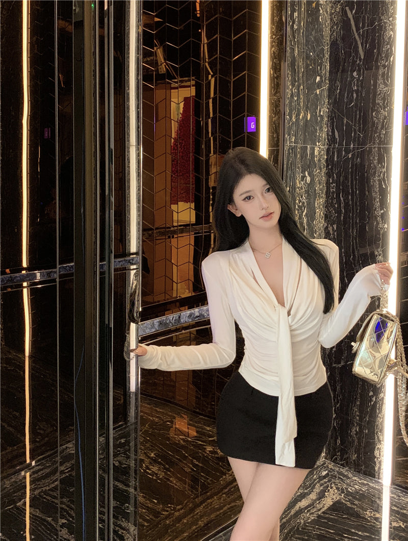 💕韓系設計感褶皺盪領飄帶長袖打底衣