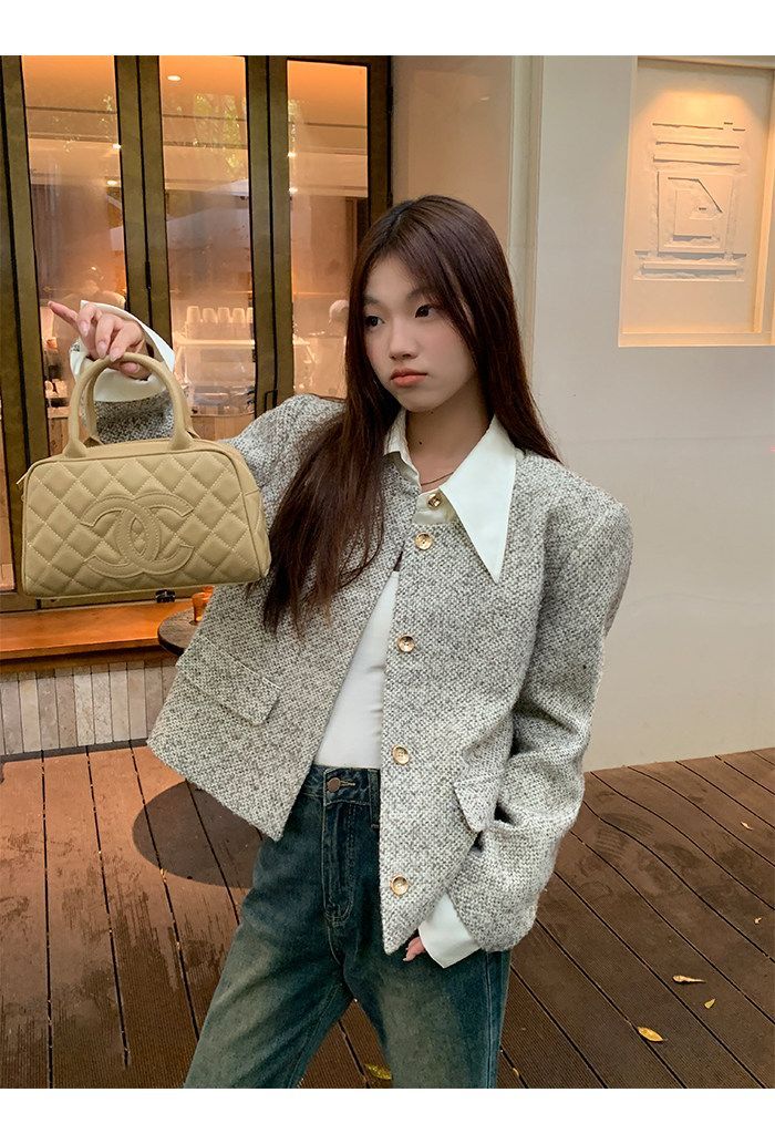 💕韓系秋冬假兩件拼接小香風加墊肩外套