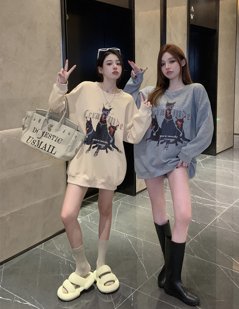💕美式帥氣杜賓犬印花寬鬆中長衛衣