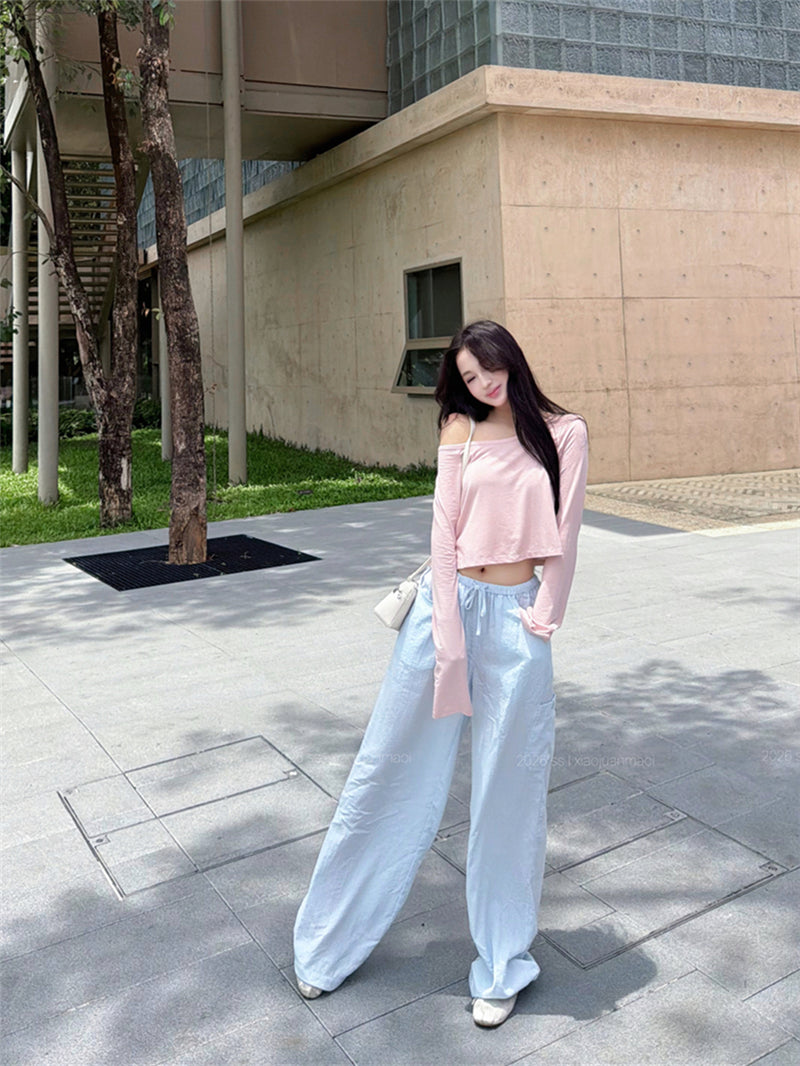 💕溫柔懶人斜肩長袖短款露臍上衣&條紋寬褲兩件套
