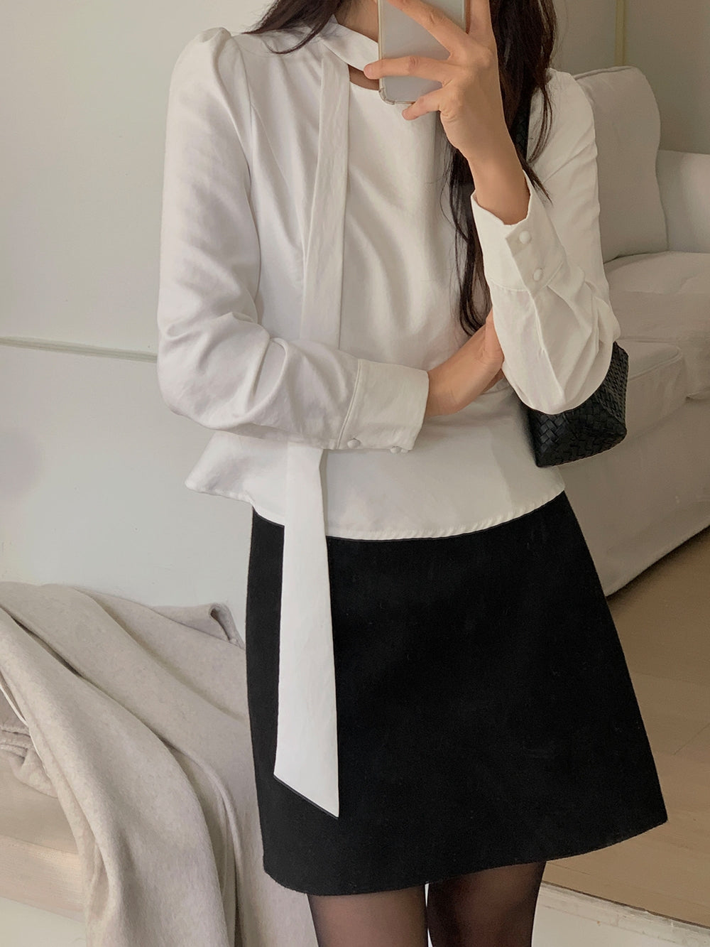 💕ins溫柔飄帶蝴蝶結泡泡袖修身顯瘦上衣