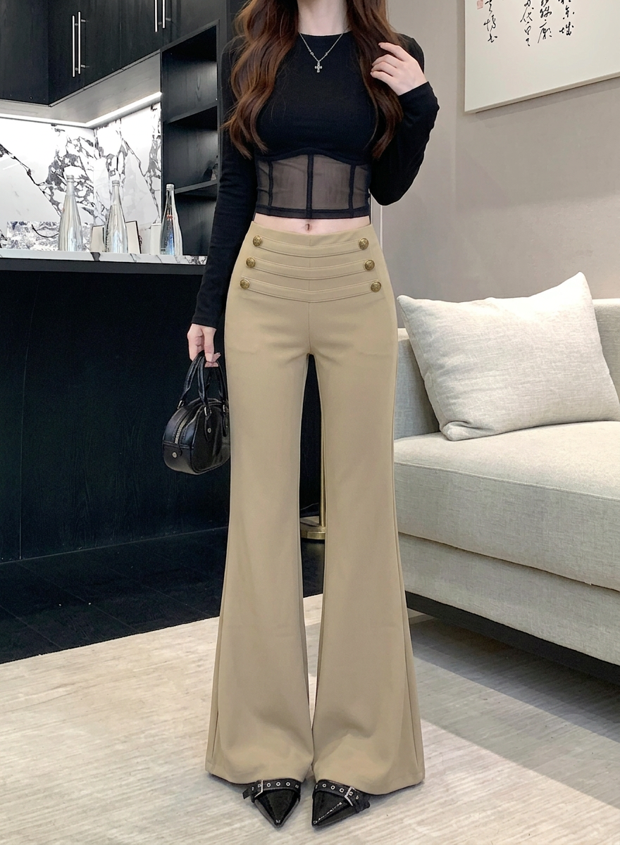 💕韓系辣妹純欲修身顯瘦高腰微喇叭長褲+百搭上衣