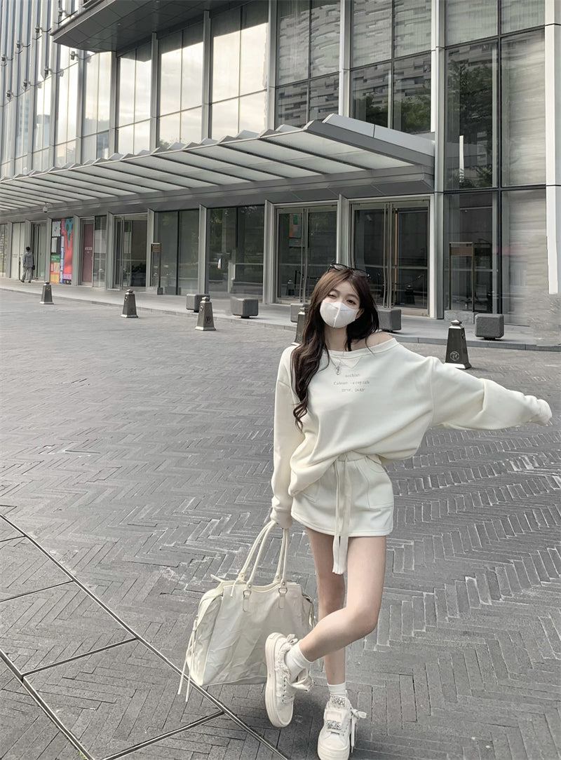 💕休閒簡約百搭一字肩印花長袖衛衣套裝