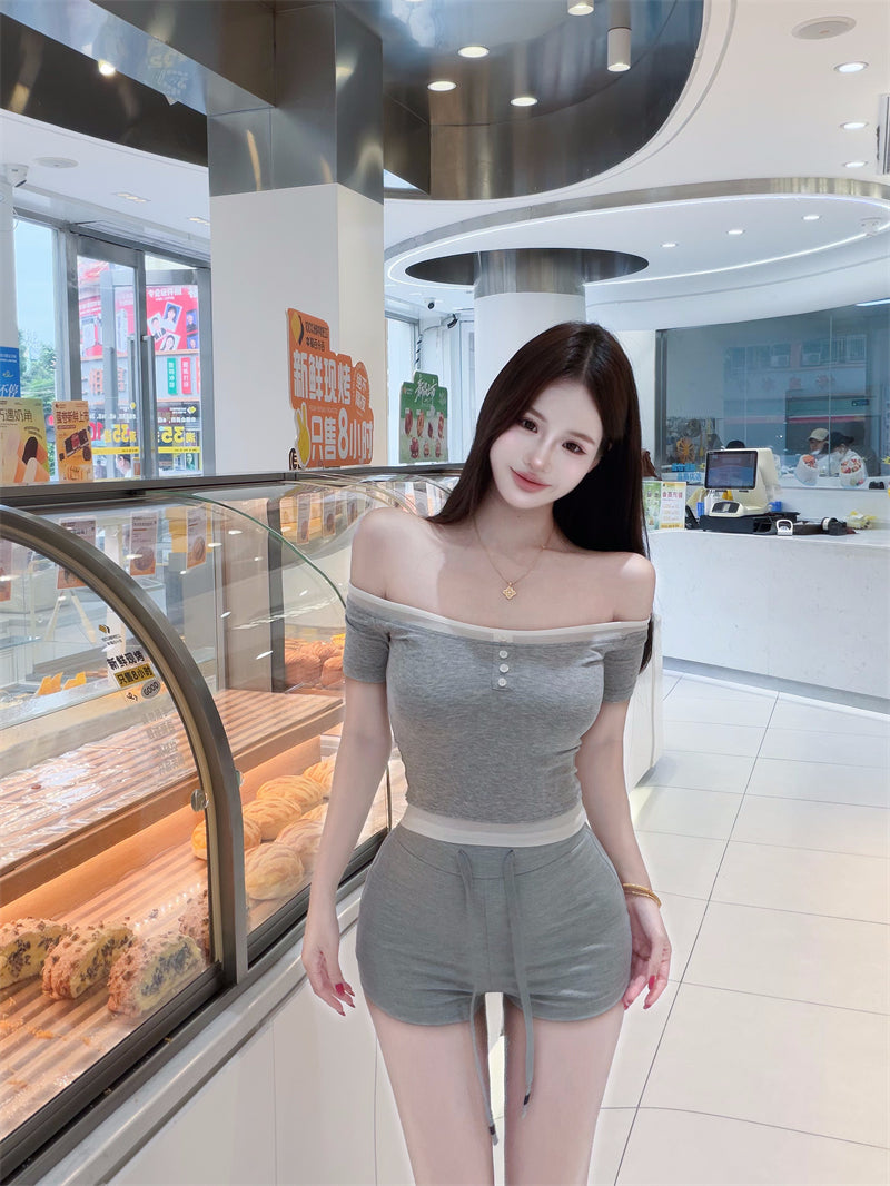 💕韓系假兩件撞色斜肩露肩上衣