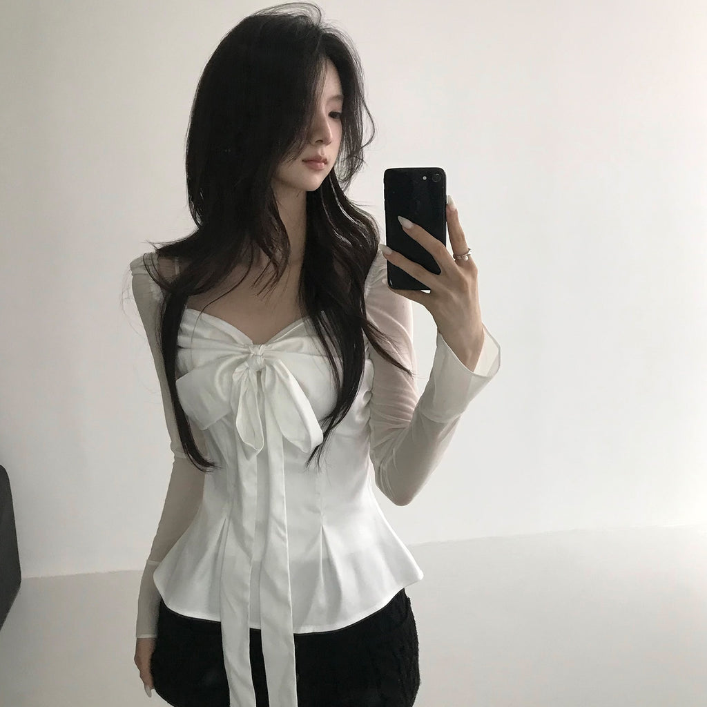 💕法式方領蝴蝶結飄帶氣質收腰顯瘦上衣