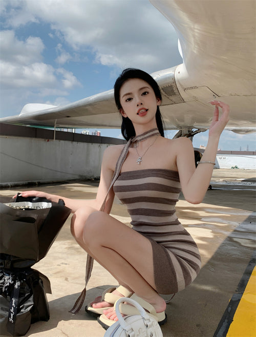 💕休閒條紋撞色親膚薄款針織抹胸連衣裙