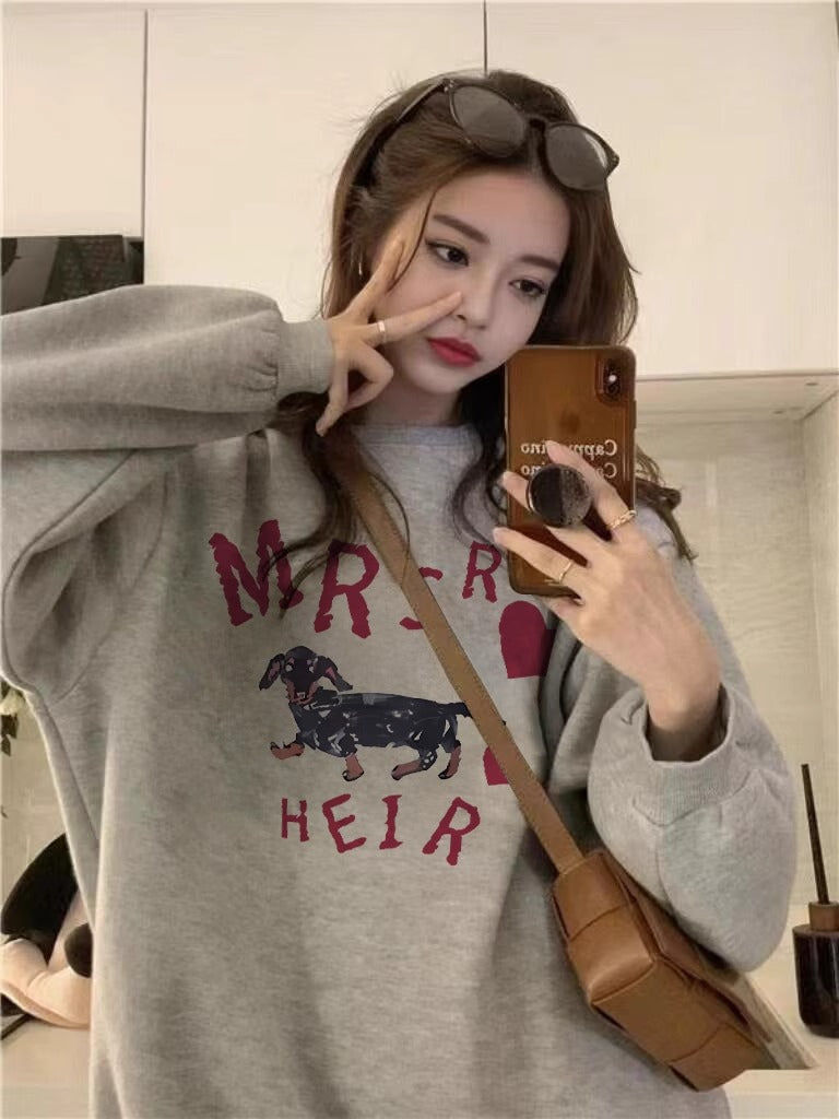 💕簡約居家臘腸狗勾印花長袖圓領衛衣