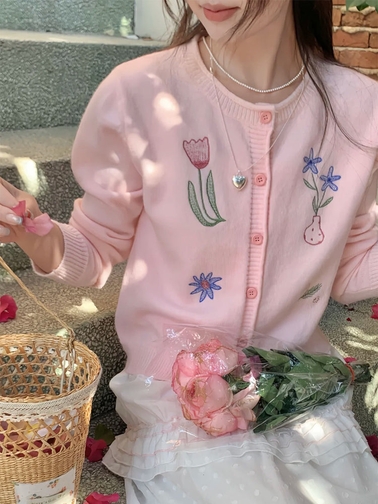 💕慵懶甜美粉色刺繡小花翻領針織開衫