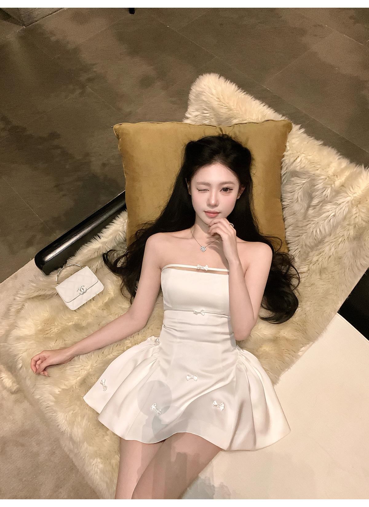💕簡約氣質名媛緞面抹胸蝴蝶結連身裙