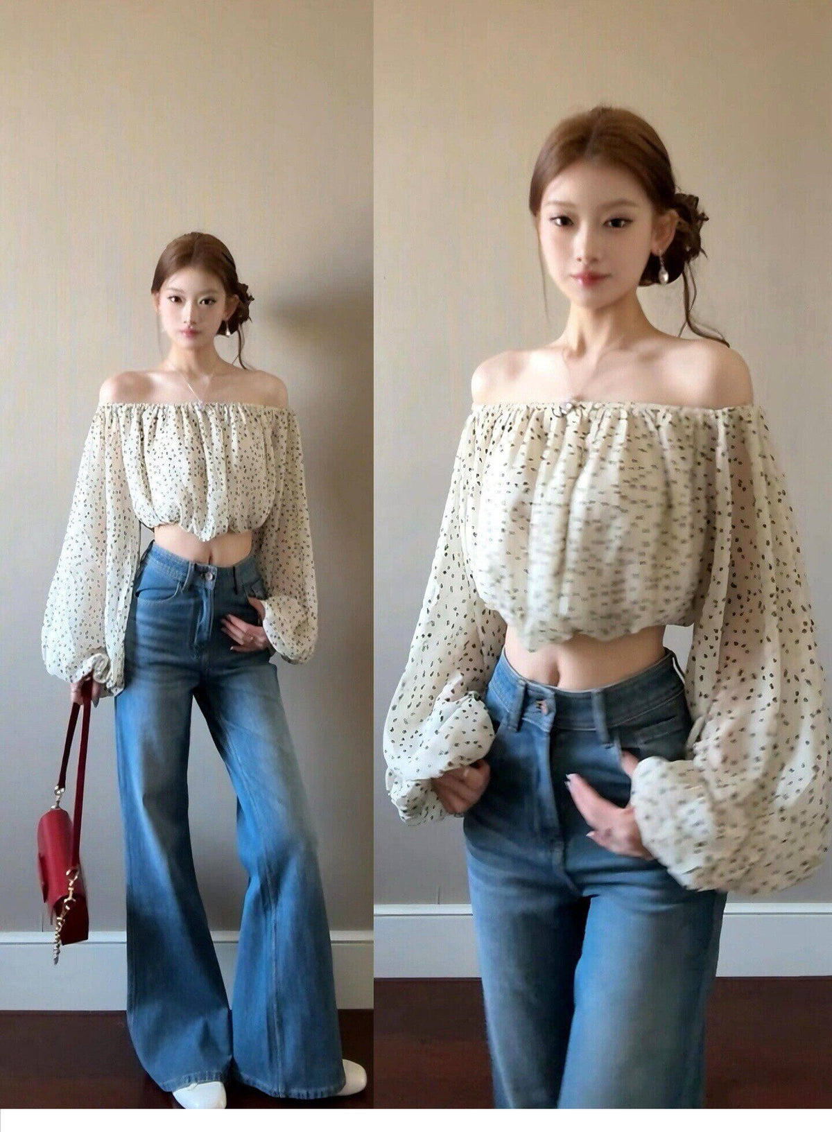 💕法式小資漂亮一字肩點點短款別緻上衣