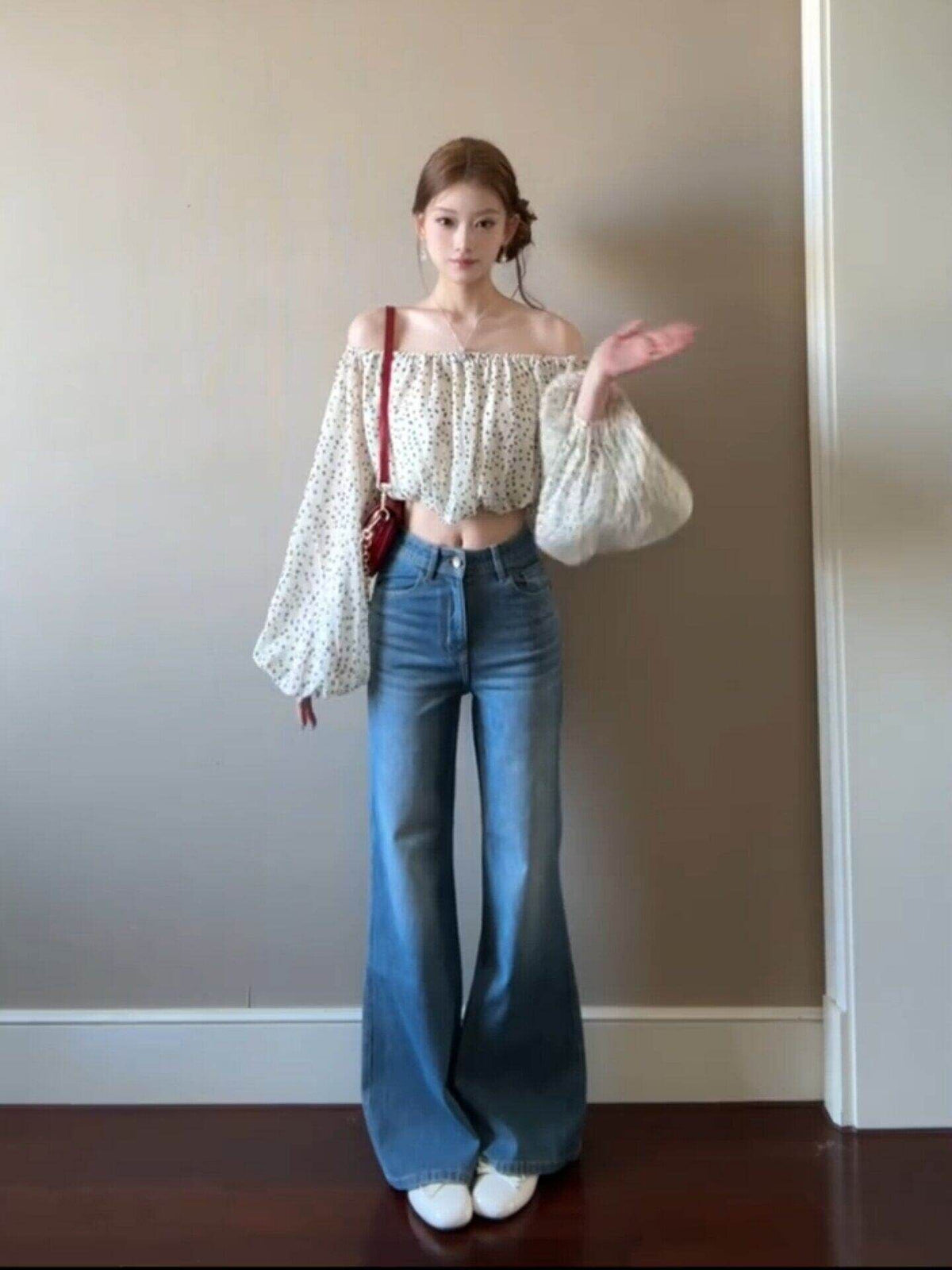💕法式小資漂亮一字肩點點短款別緻上衣