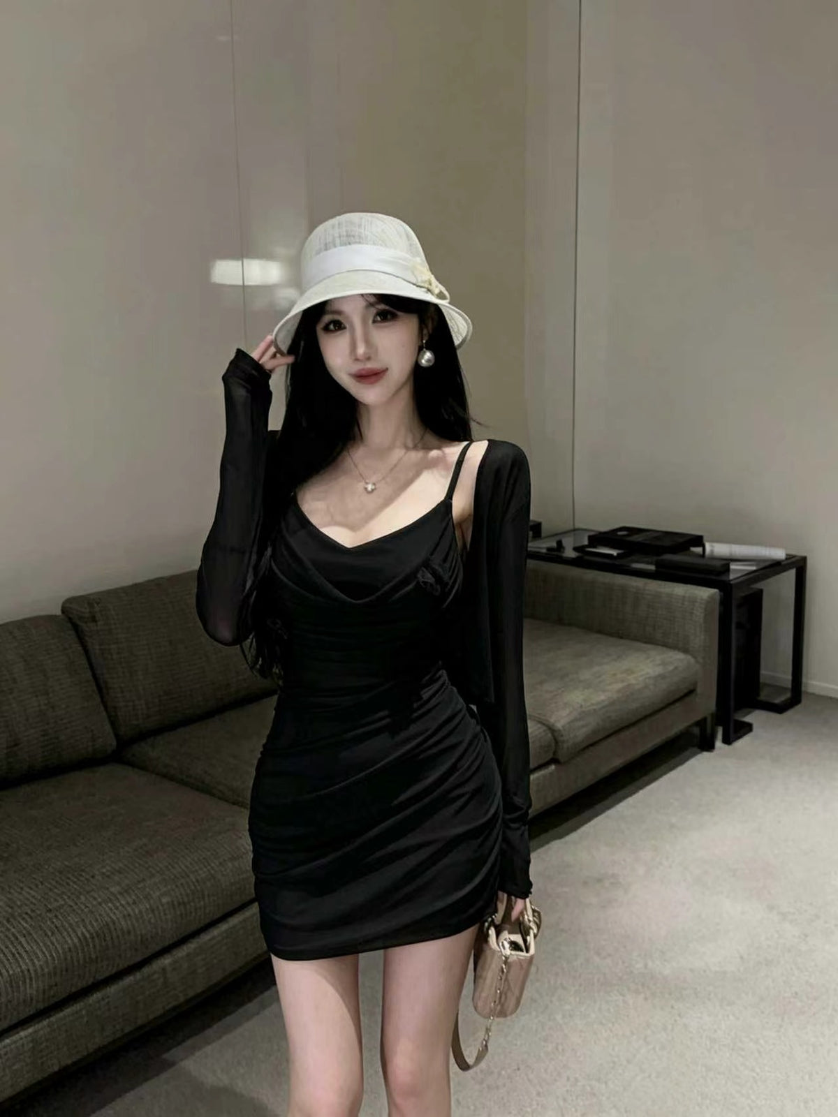 💕甜美性感褶皺修身吊帶連衣裙+開衫