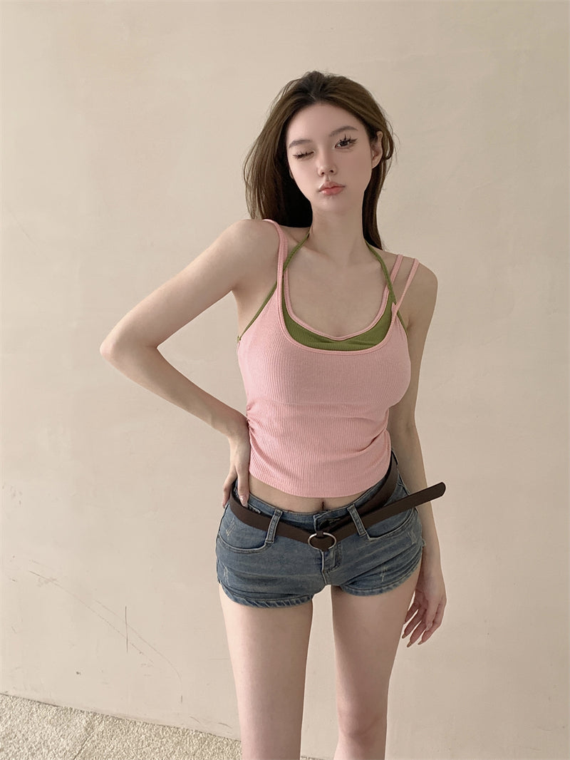 💕春夏熱辣假兩件帶胸墊吊帶背心