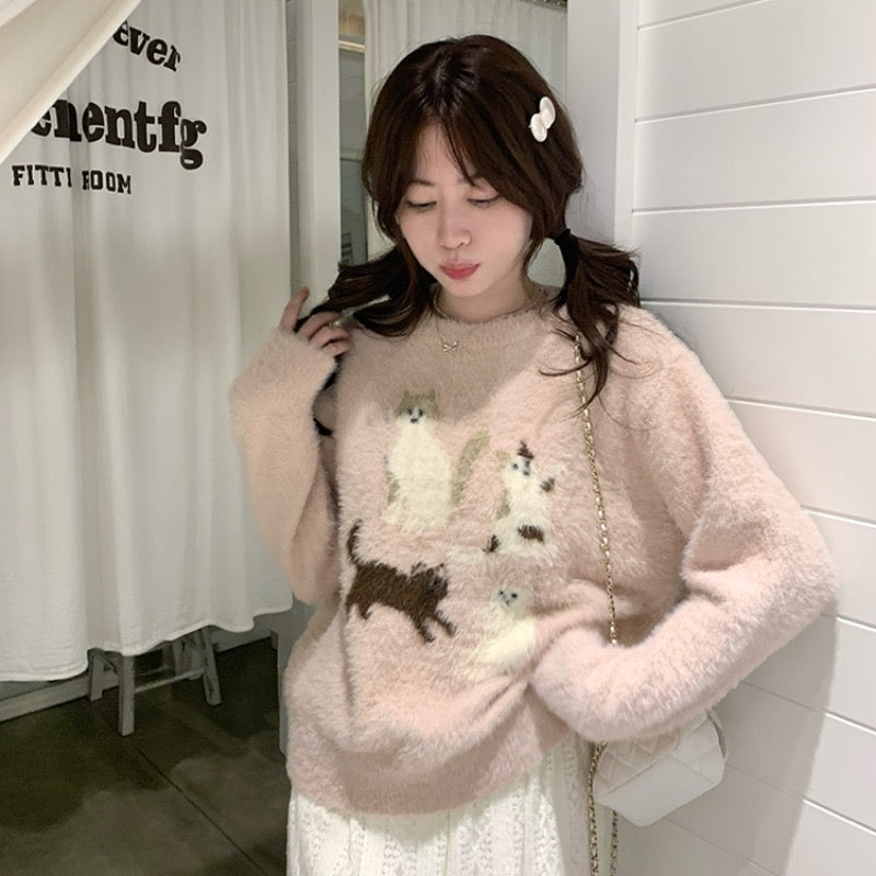 💕chic簡約溫柔保暖貓咪貂毛圓領針織衫