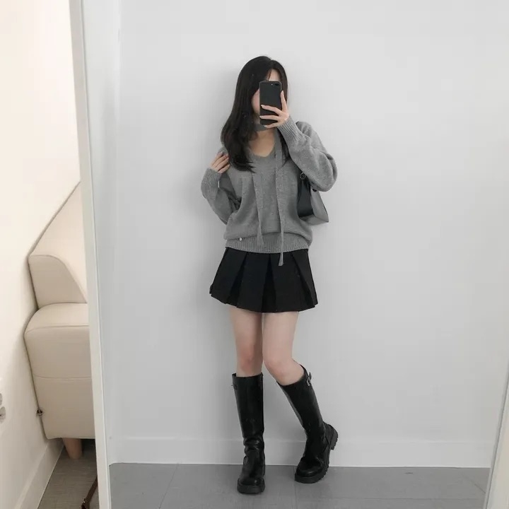 💕chic韓系簡約V領帶飄帶露肩針織百搭毛衣