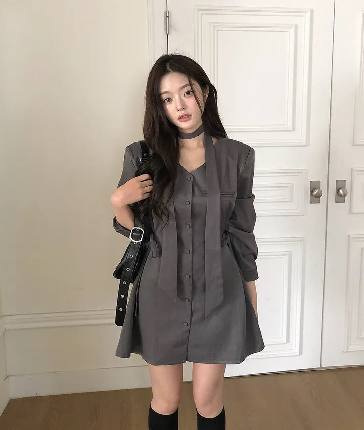 💕ins系V領圍脖系帶收腰單排扣西裝連衣裙