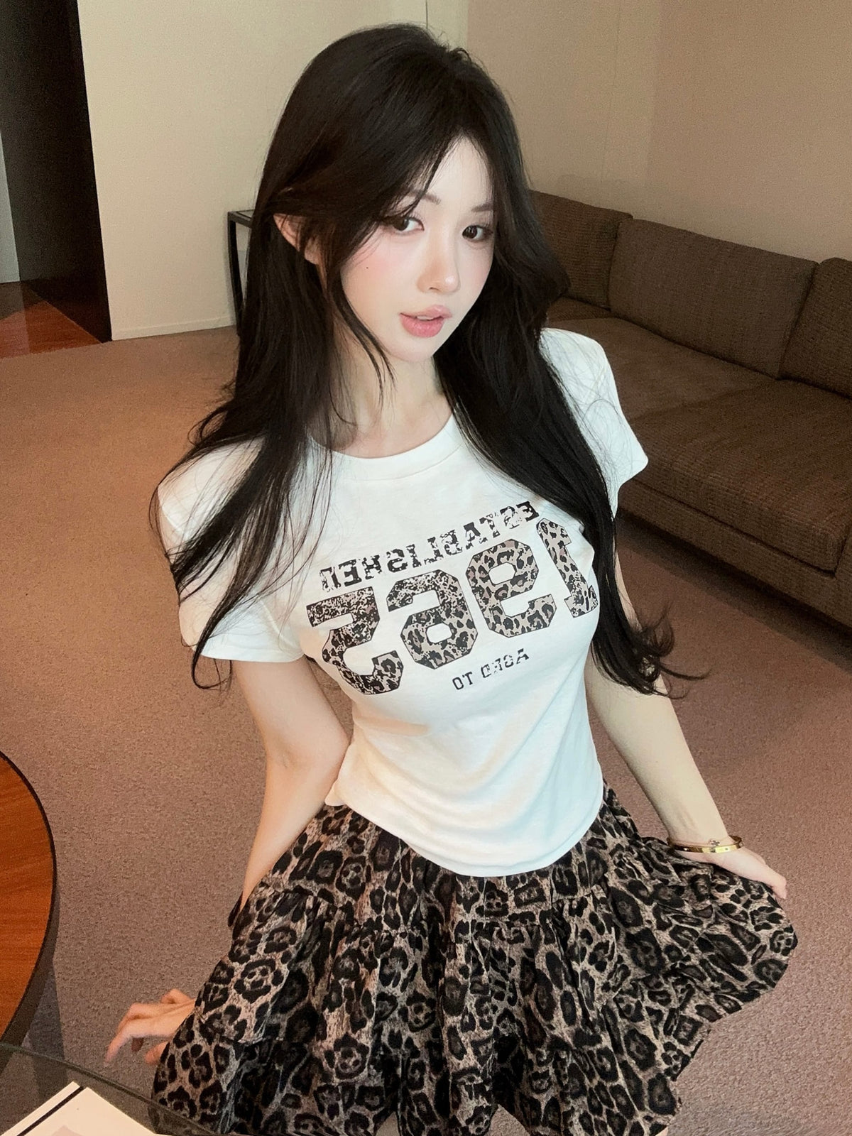 💕夏季豹紋印花圓領百搭短袖上衣