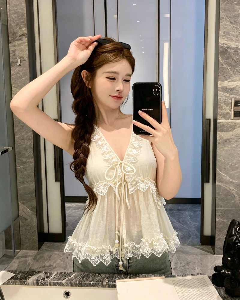 💕法式V領蕾絲拼接系帶無袖背心上衣