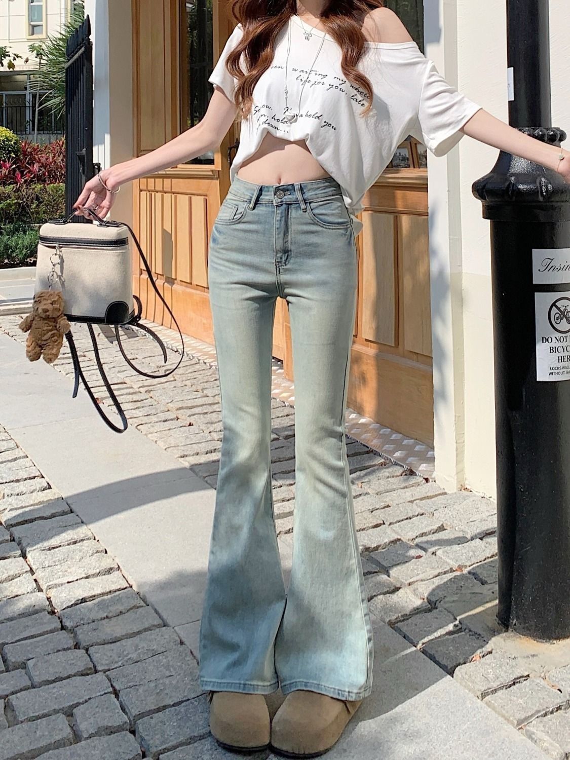 💕美式復古高腰顯瘦小個子微喇叭牛仔長褲
