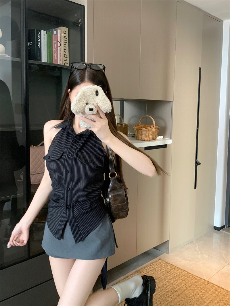 💕法式條紋露背收腰無袖上衣