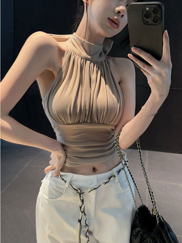 💕掛脖飄帶帶胸墊收腰無袖露肩上衣