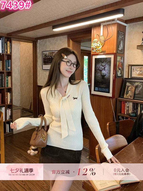 💕韓系氣質修身V領系帶麻花臘腸狗針織衫毛衣