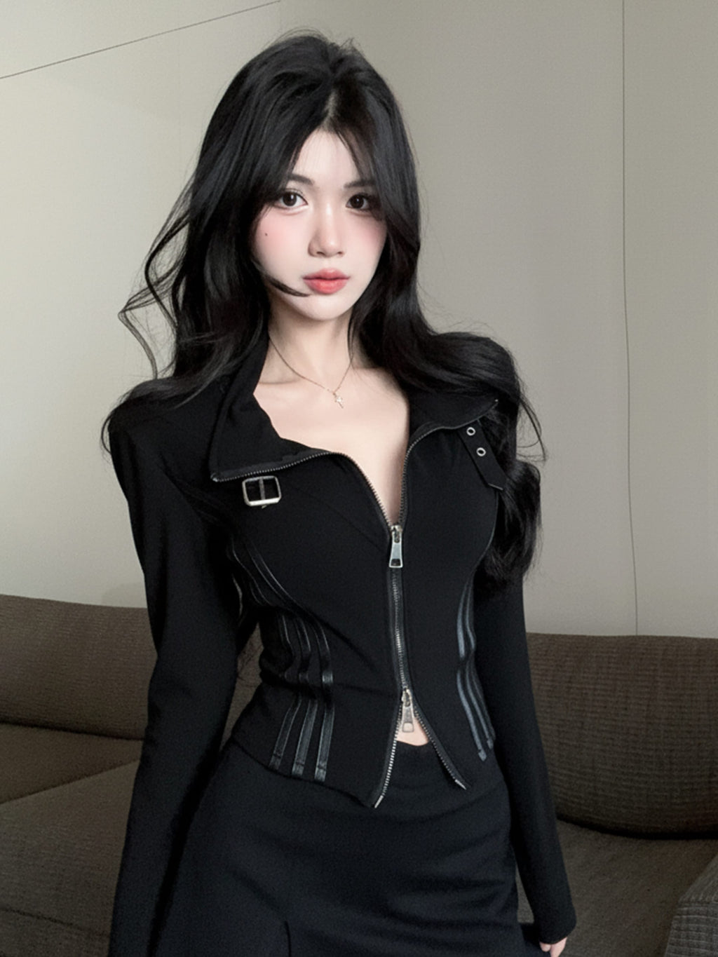 💕甜酷颯設計長袖翻領雙拉鍊顯瘦外套