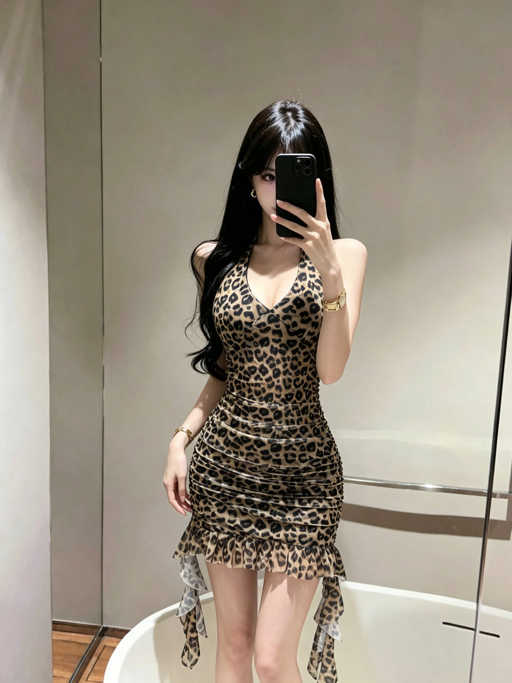 💕豹紋露背網紗流蘇包臀短裙