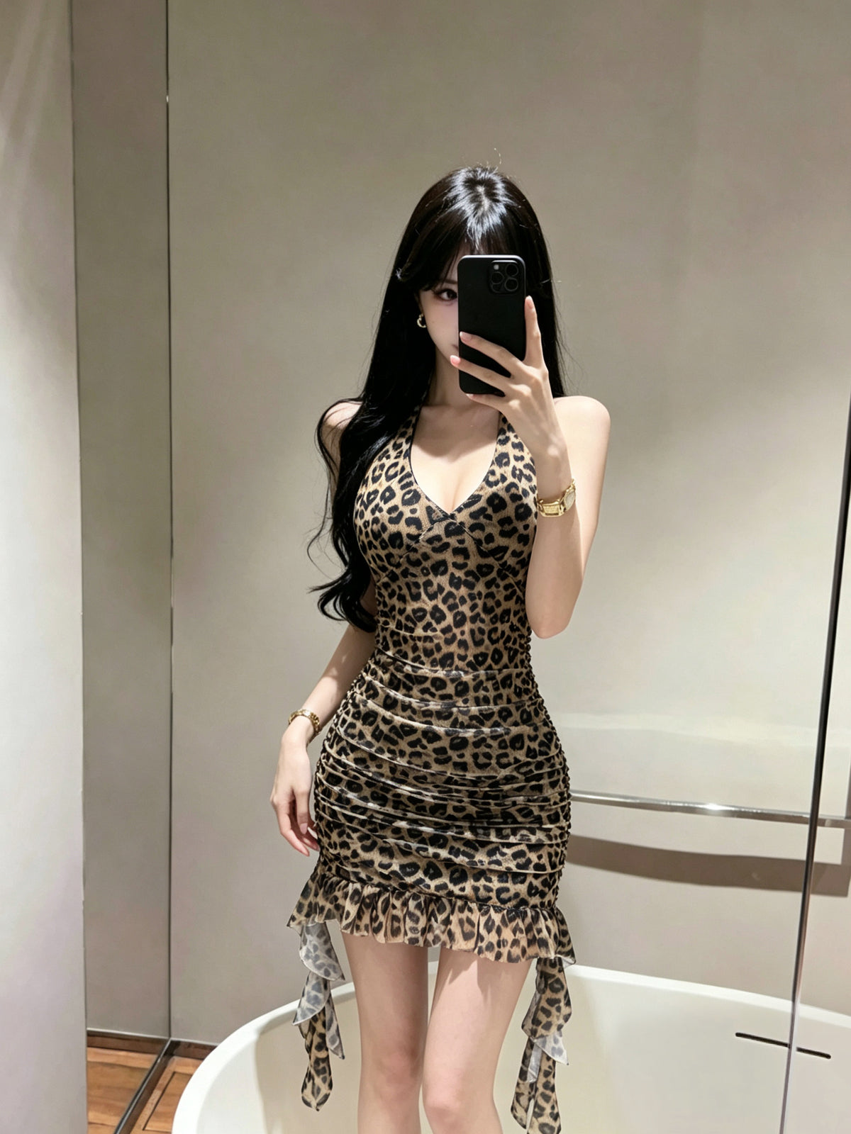 💕豹紋露背網紗流蘇包臀短裙