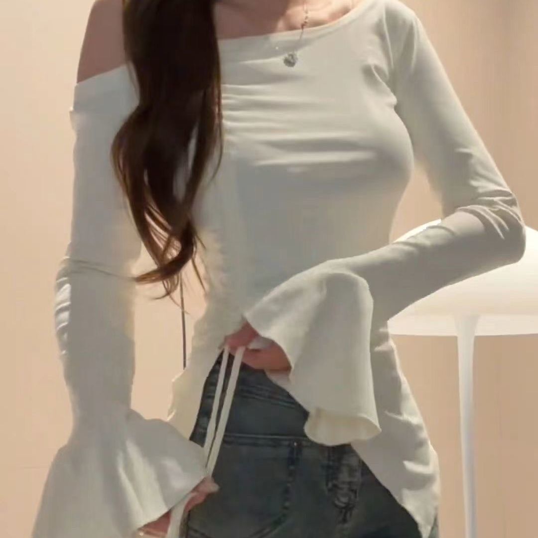 💕純欲喇叭袖露肩抽繩顯瘦上衣