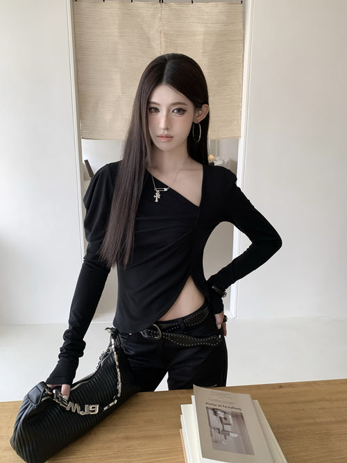💕chic復古不規則斜領長袖短款不對襯上衣