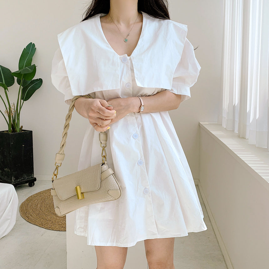 💕夏季甜美減齡單排釦娃娃襯衫連衣裙