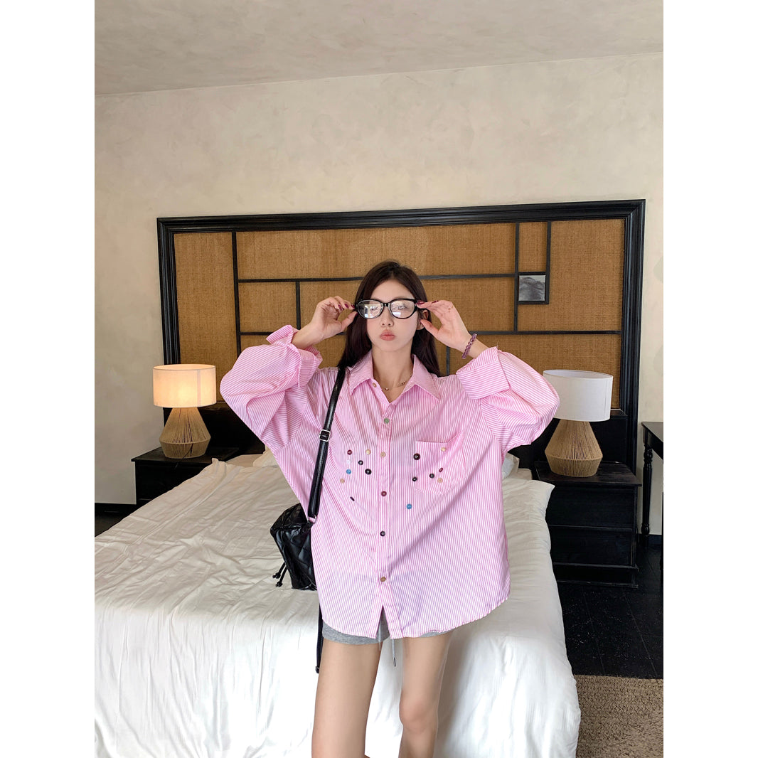 💕青春寬鬆百搭別緻彩色鈕扣條紋襯衫