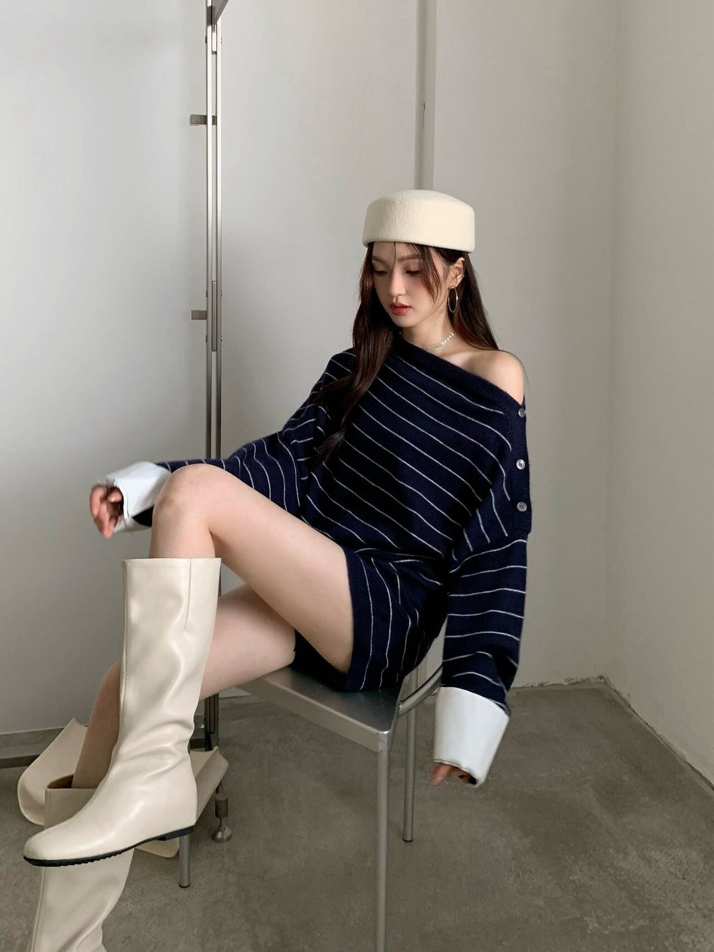 💕韓系斜肩針織寬鬆慵懶風兩件套